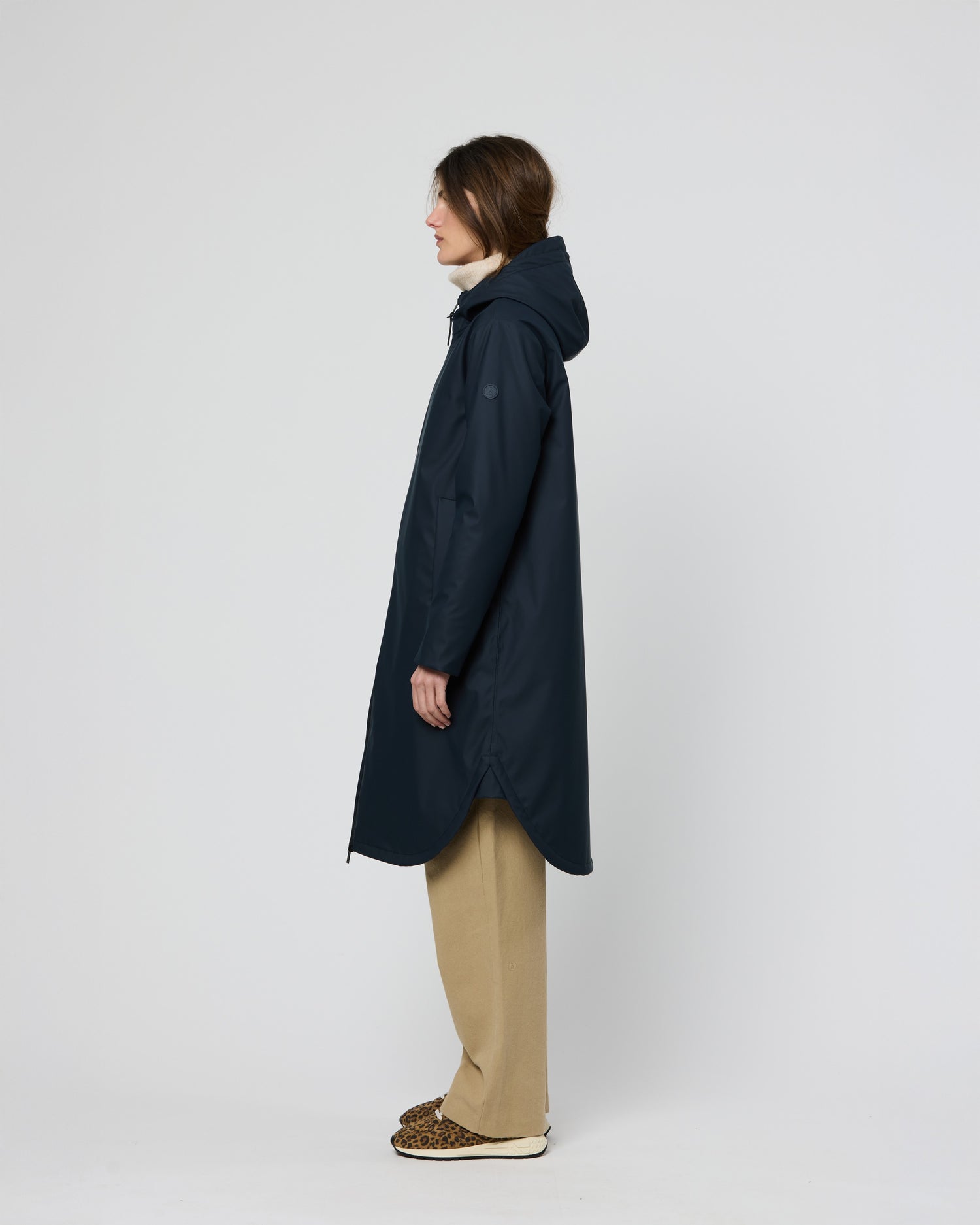 Pu Curved Hem Long Coat - Ice Navy