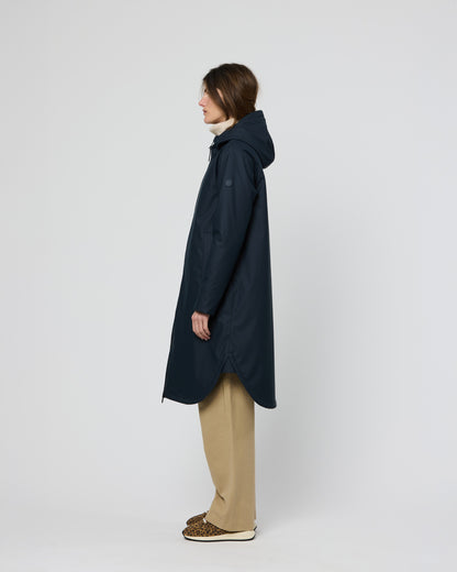 Pu Curved Hem Long Coat - Ice Navy