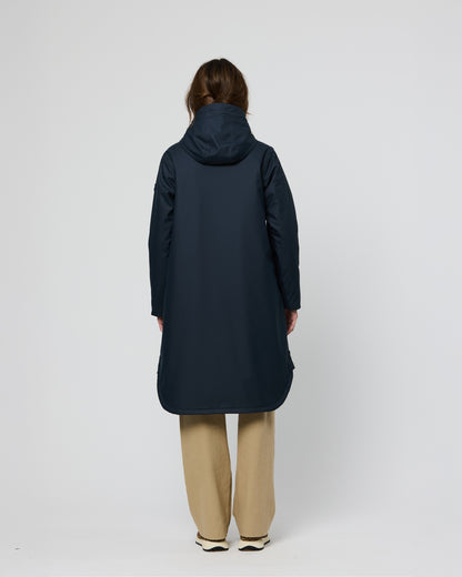 Pu Curved Hem Long Coat - Ice Navy