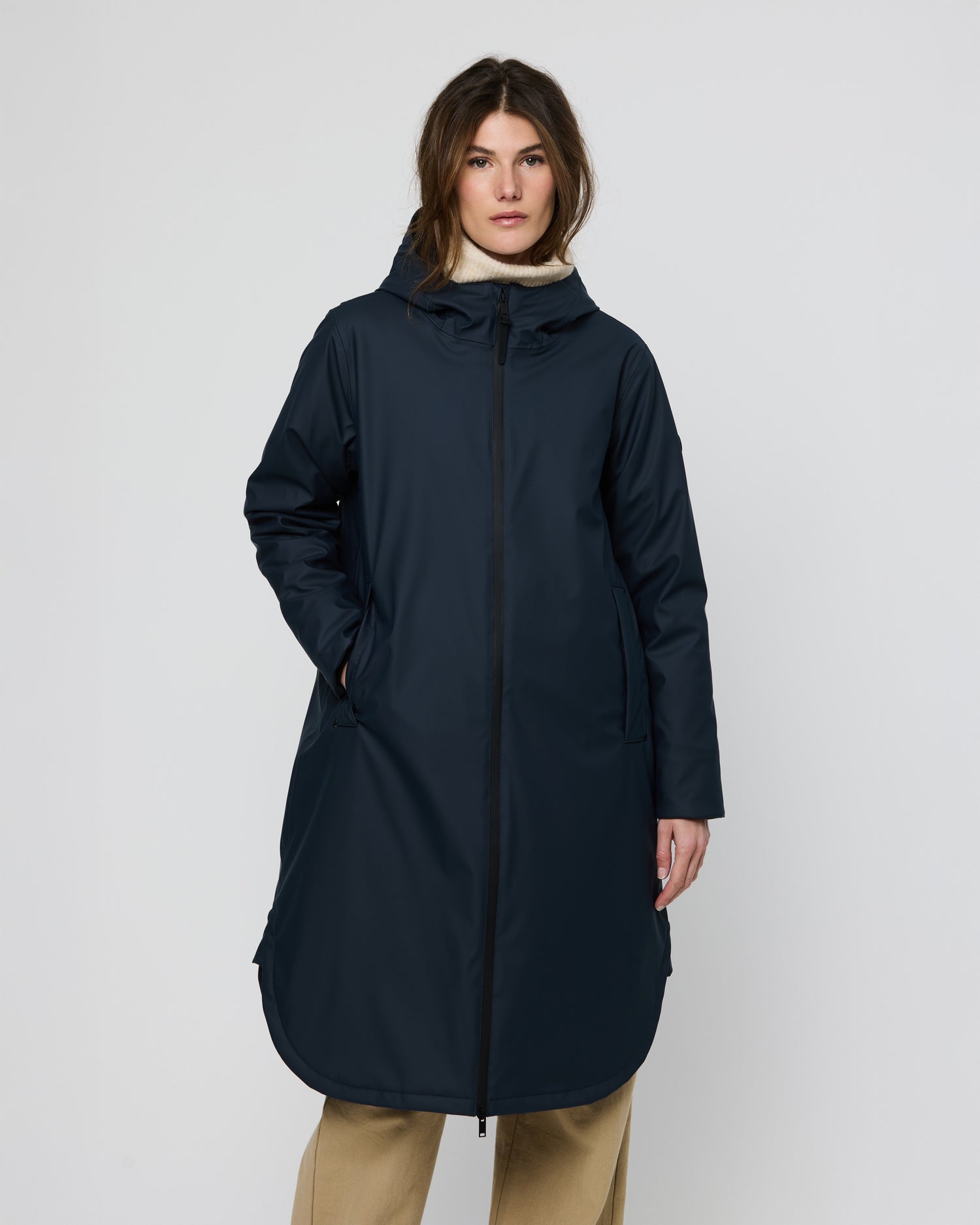 Pu Curved Hem Long Coat - Ice Navy