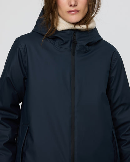Pu Curved Hem Long Coat - Ice Navy