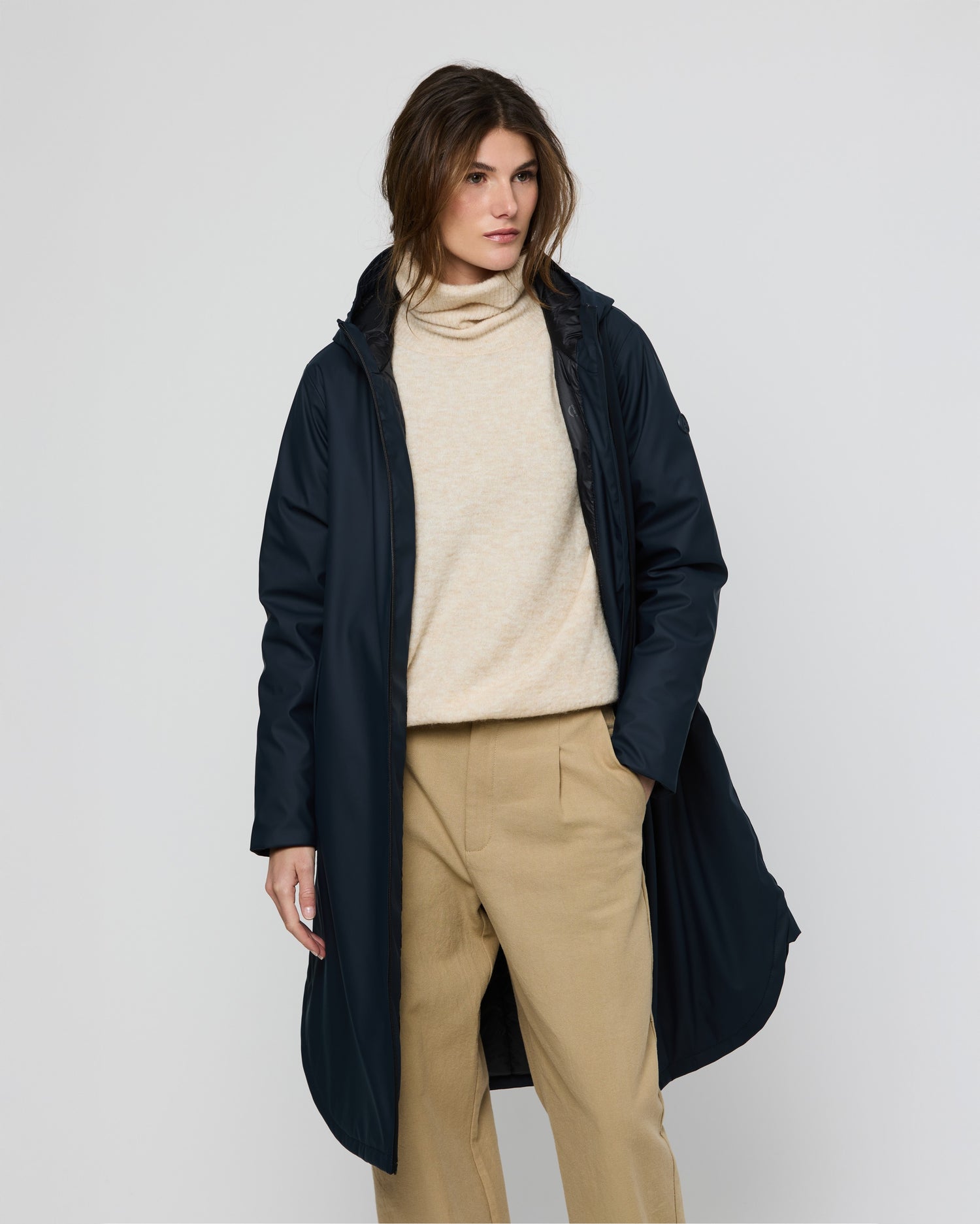 Pu Curved Hem Long Coat - Ice Navy