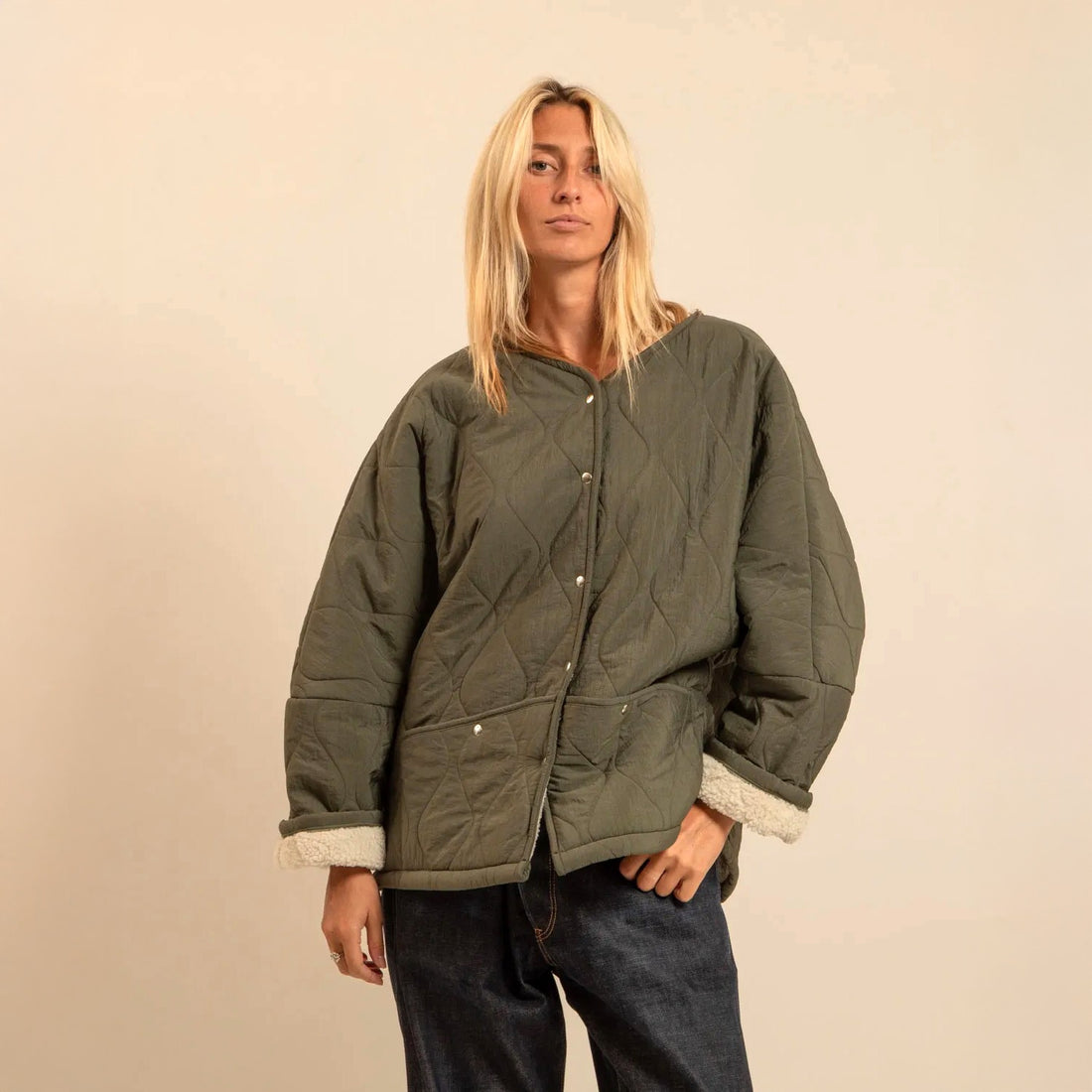 Indianapolis Fleece Lined Collarless Quilt Jacket - Khaki