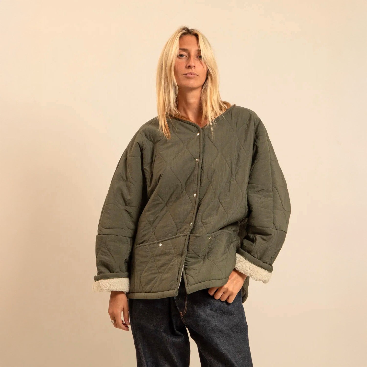 Indianapolis Fleece Lined Collarless Quilt Jacket - Khaki
