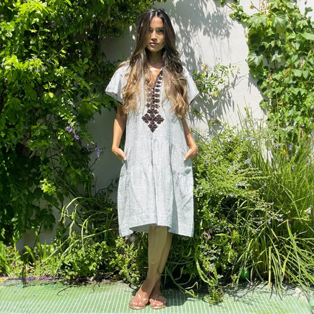 Ischia Short Sleeve Sun Dress - Stripe Charcoal/Choc