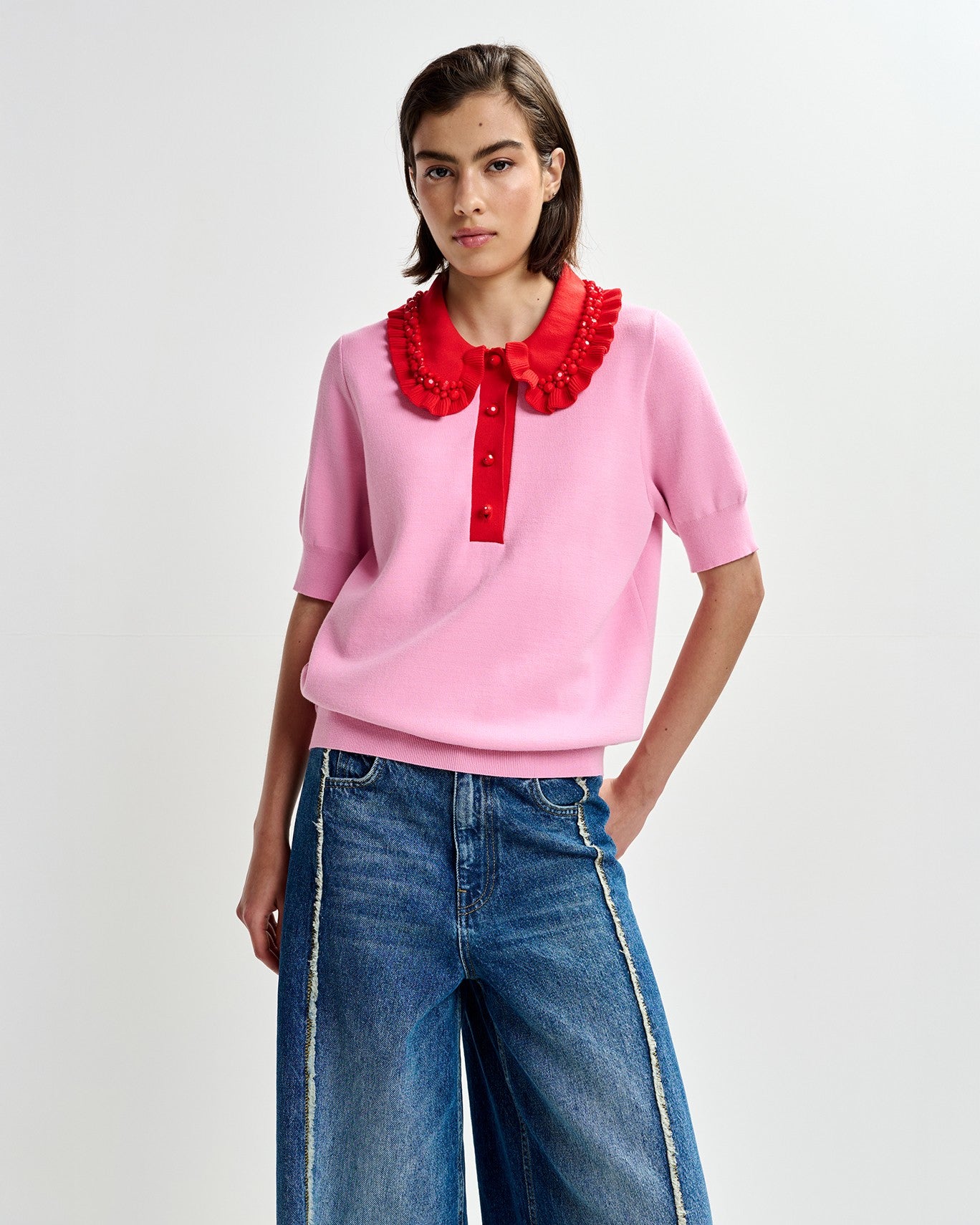 Jewelry Embroidered Knit Polo - Cotton Candy