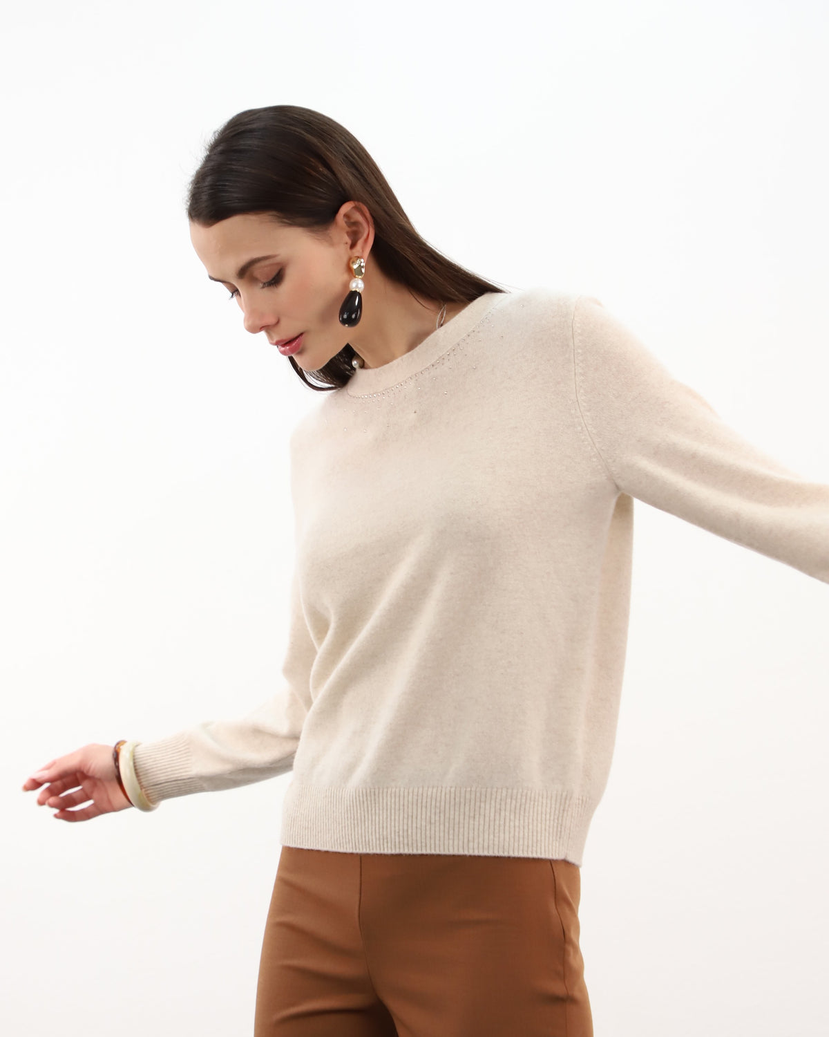 Diamante Neck Detail Jumper - Oat