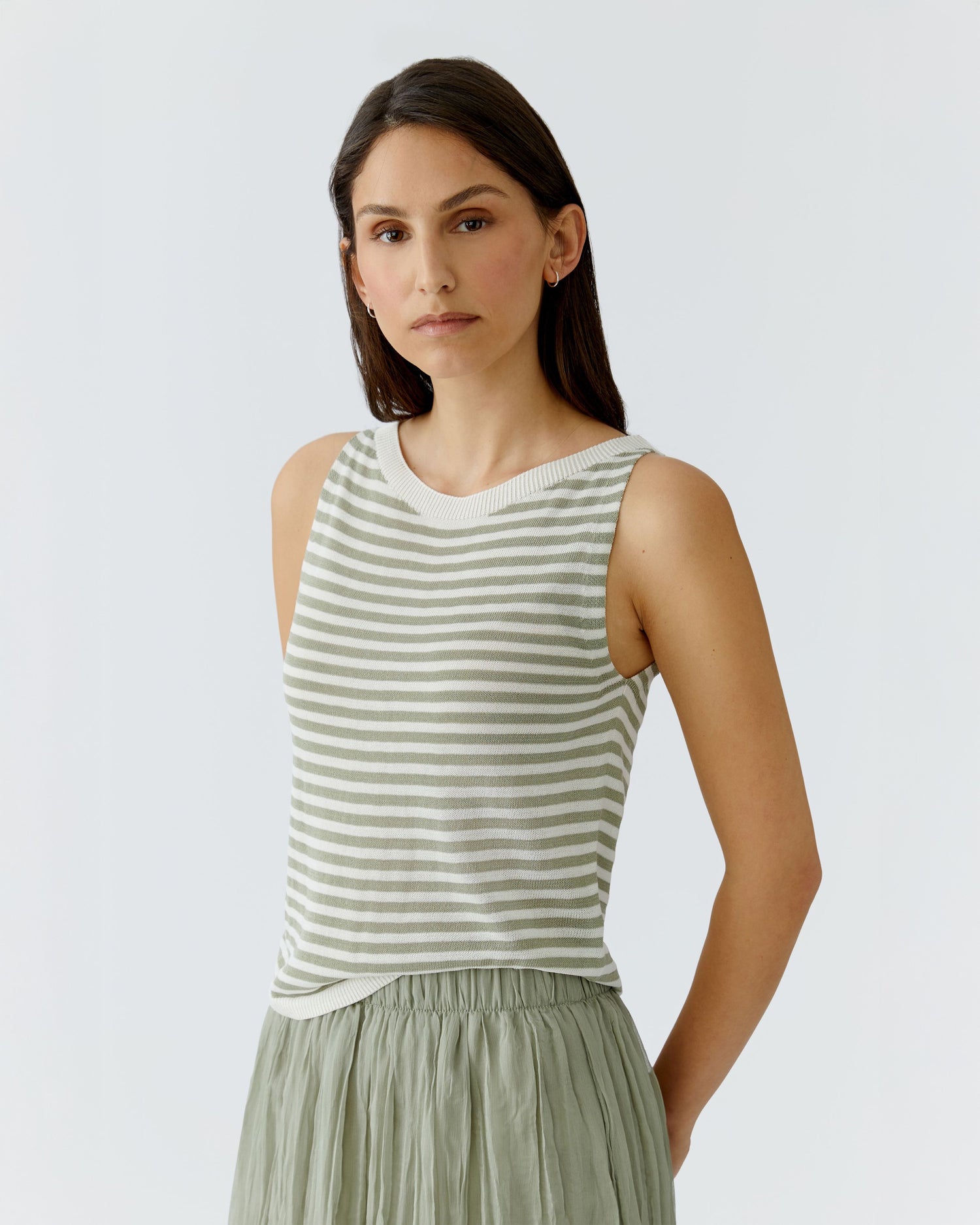 Knitted Tank Top - White Green Stripe