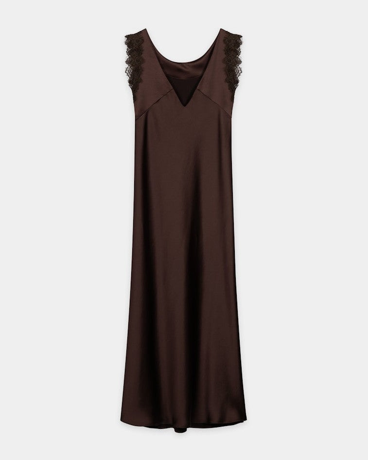 Lace Detail Satin Dress - Marone