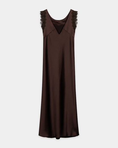 Lace Detail Satin Dress - Marone