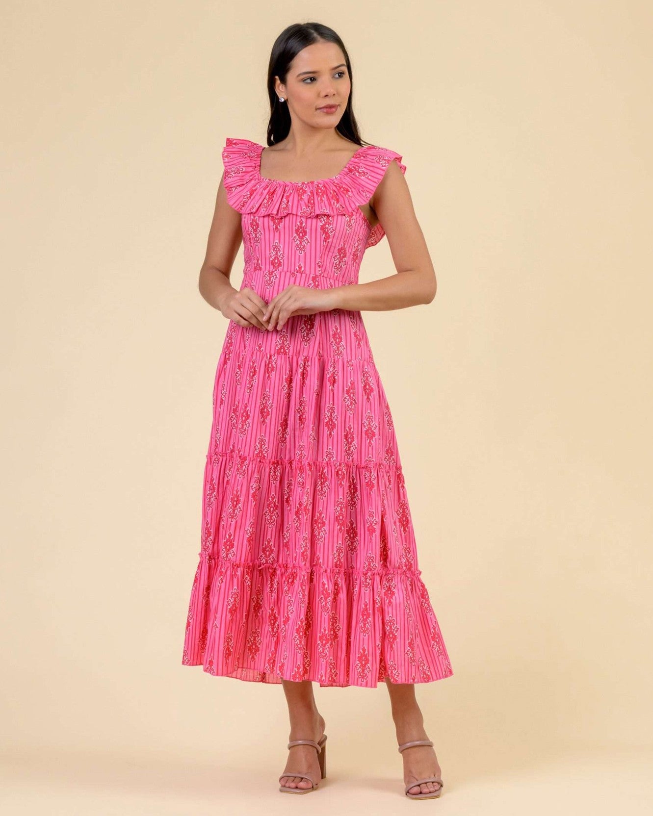 Lizzy Frill Neck Dress - Stripe Pink