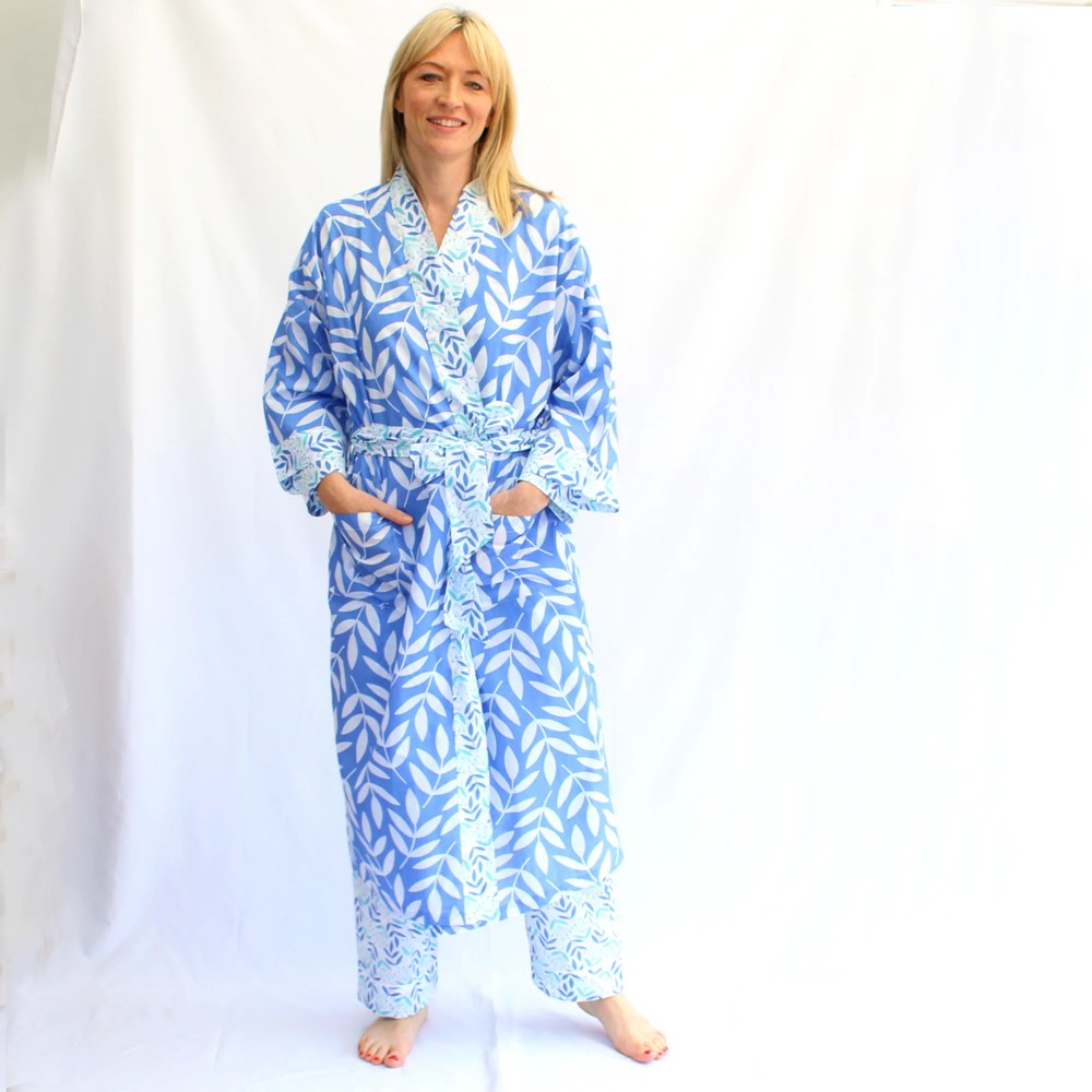 Long Cotton Kimono - Large Leaf China Blue