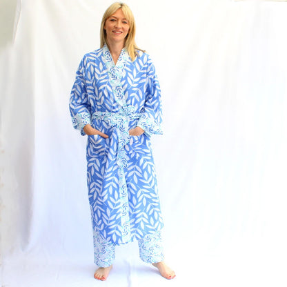 Long Cotton Kimono - Large Leaf China Blue