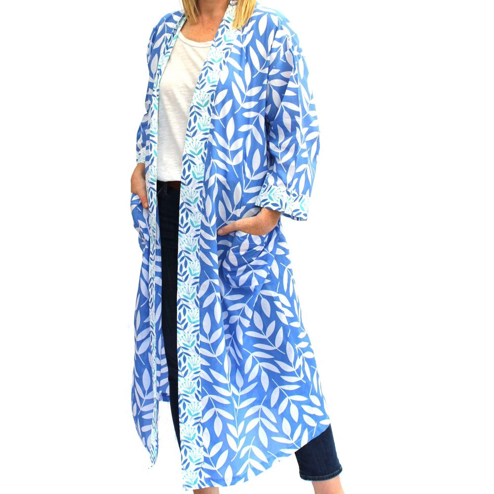 Long Cotton Kimono - Large Leaf China Blue