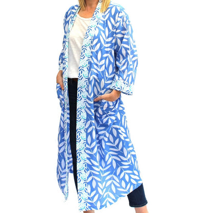 Long Cotton Kimono - Large Leaf China Blue