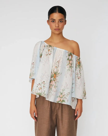 Loose Blouse With Drop Shoulders - Creme Multicolour Flowers