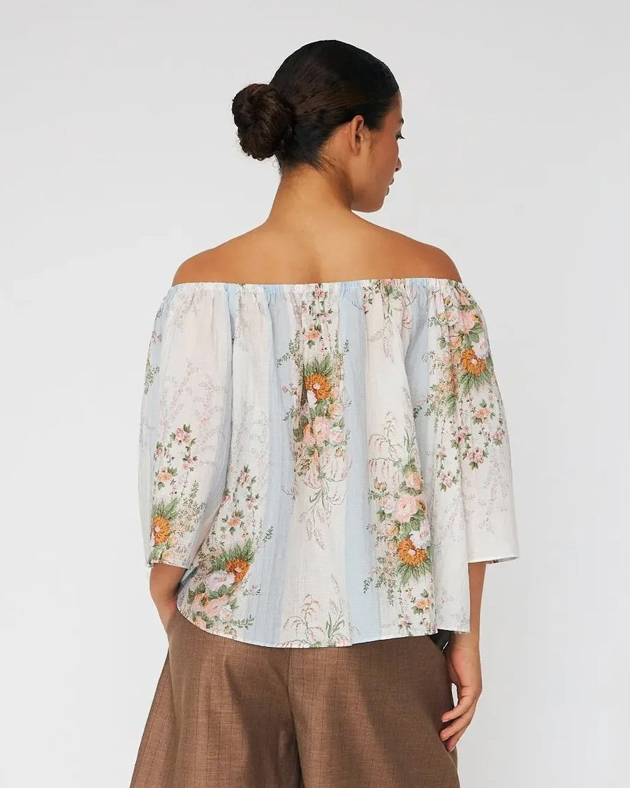 Loose Blouse With Drop Shoulders - Creme Multicolour Flowers