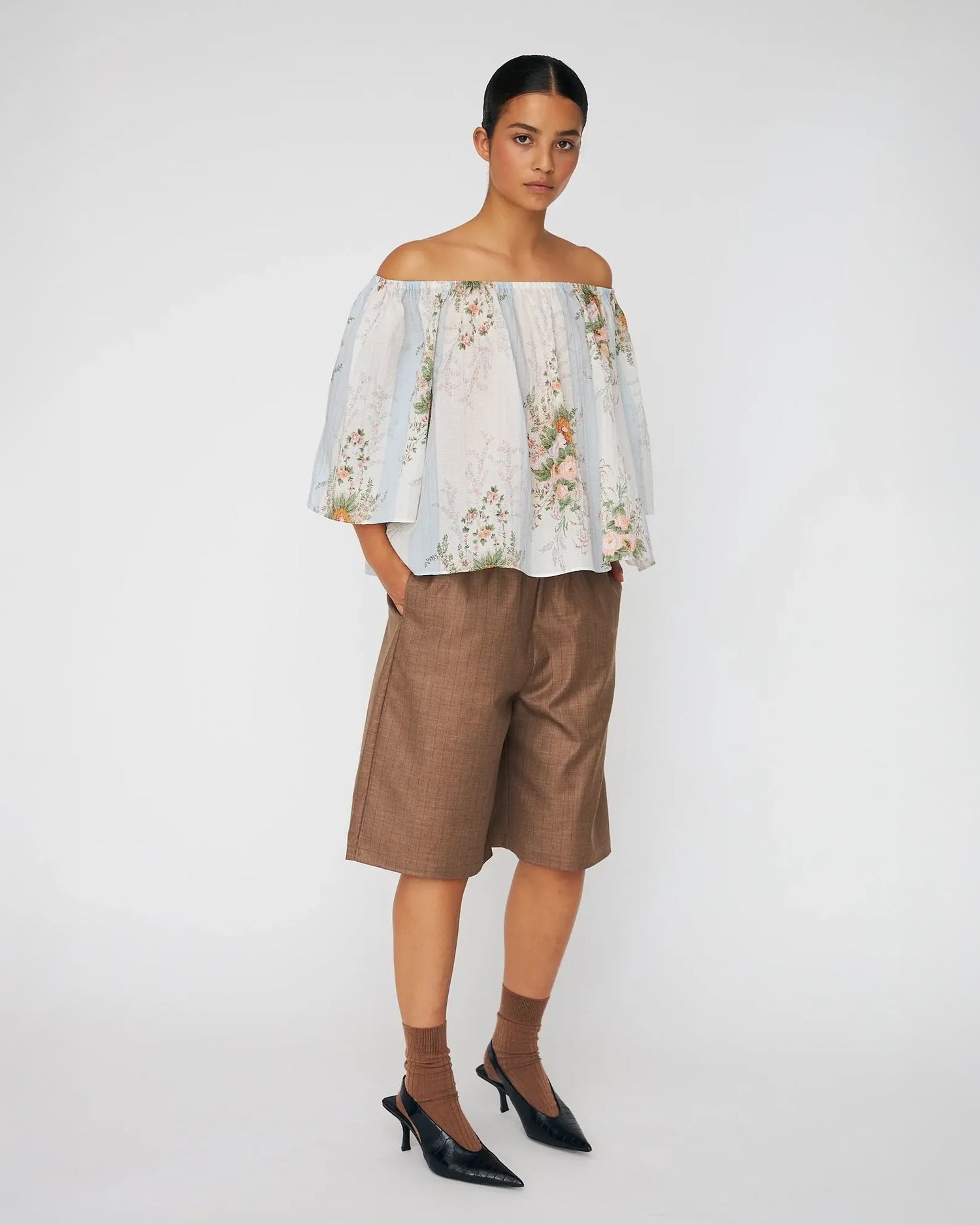 Loose Blouse With Drop Shoulders - Creme Multicolour Flowers