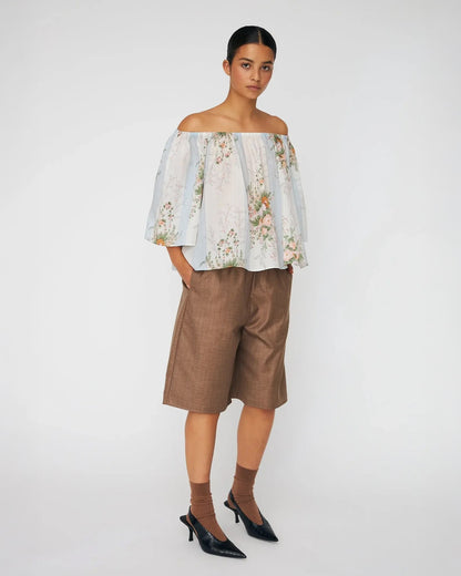 Loose Blouse With Drop Shoulders - Creme Multicolour Flowers