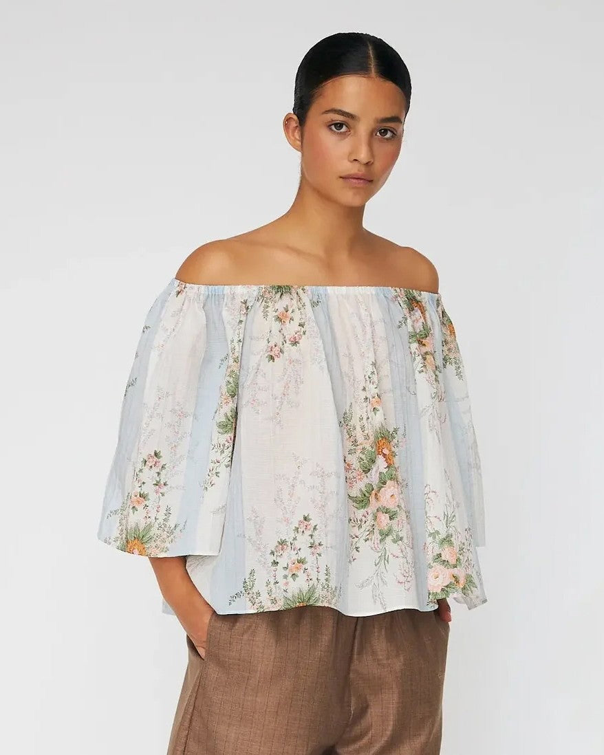 Loose Blouse With Drop Shoulders - Creme Multicolour Flowers