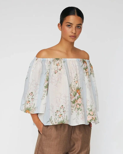 Loose Blouse With Drop Shoulders - Creme Multicolour Flowers