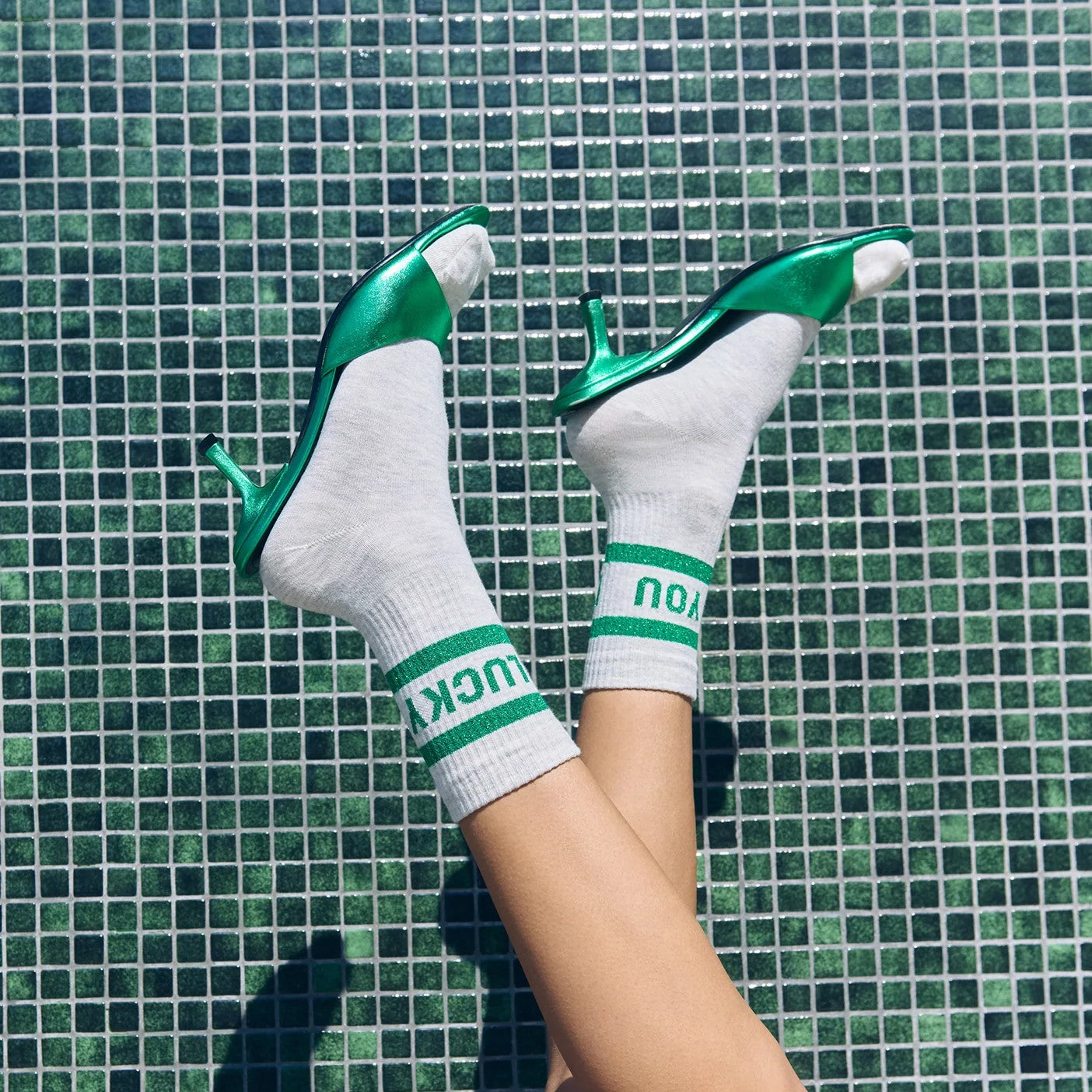Lucky Sparkle Grey Socks - Spring Green