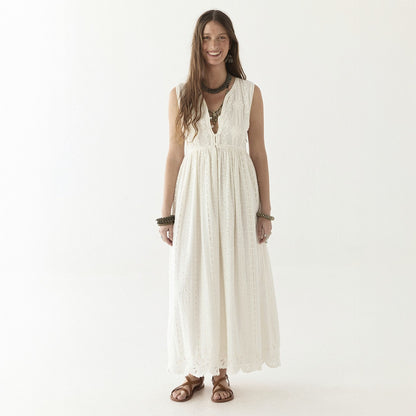 Amandine Sleeveless Embroidery Dress - Ivory