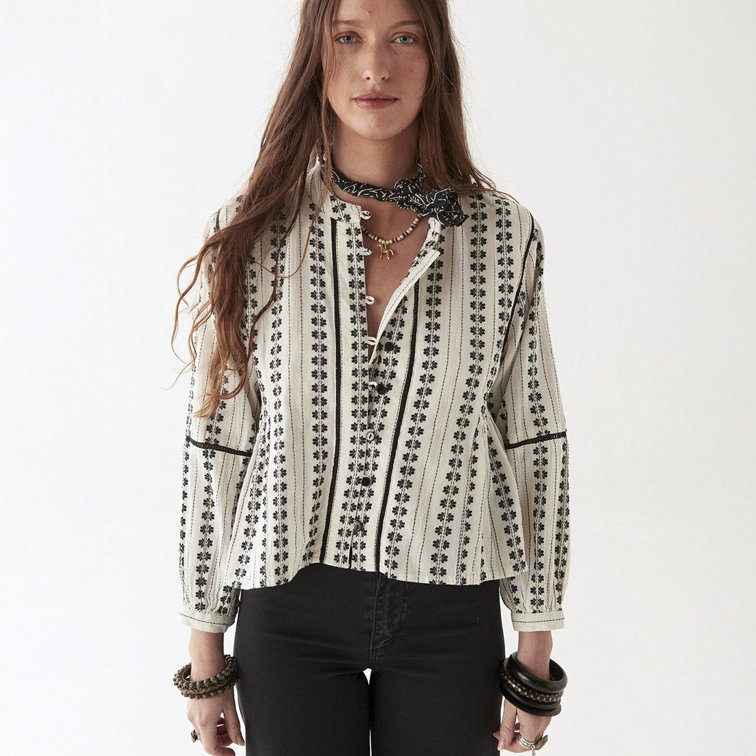Consuelito Embroidery Stripe Nero Blouse - Pearl Jam