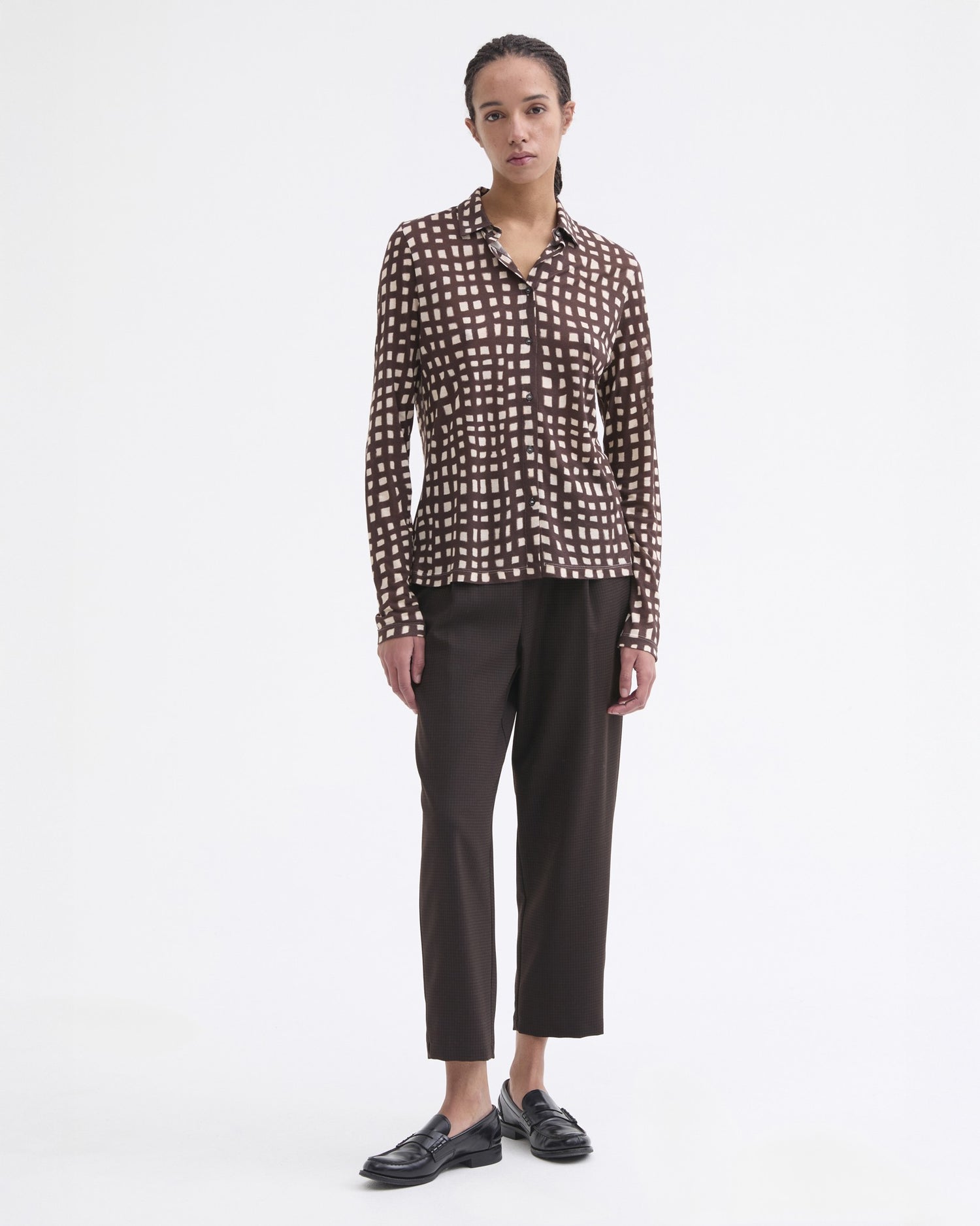 Micro Check Elastic Trouser - Brown