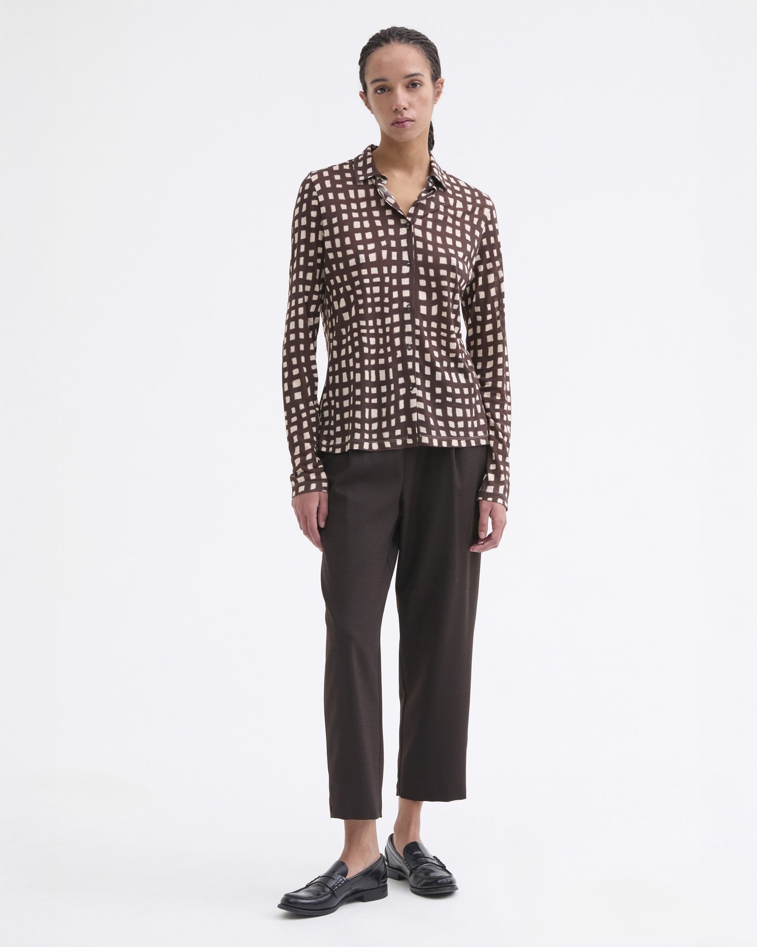Micro Check Elastic Trouser - Brown