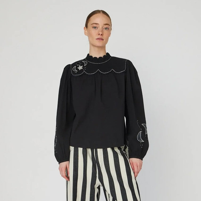 Moon And Star Embroidered Blouse - Black