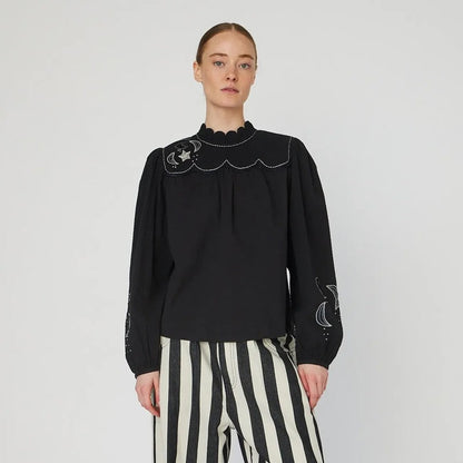 Moon And Star Embroidered Blouse - Black