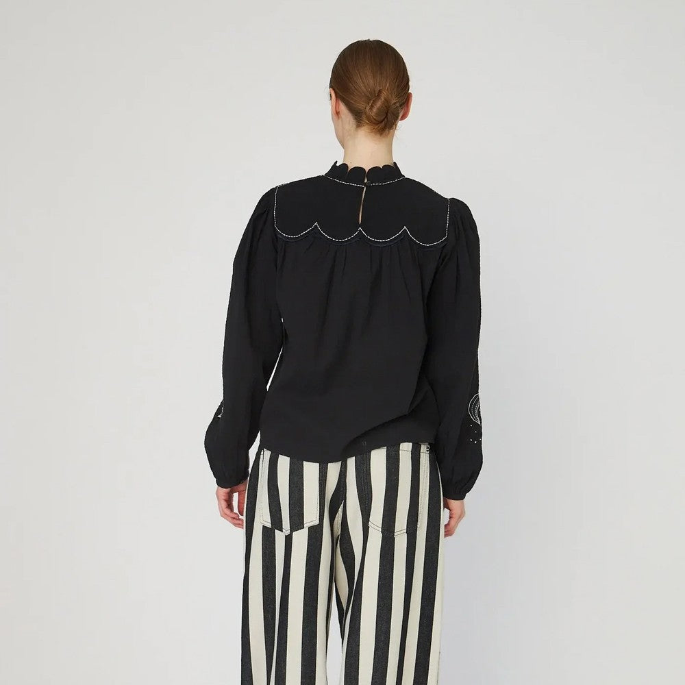 Moon And Star Embroidered Blouse - Black