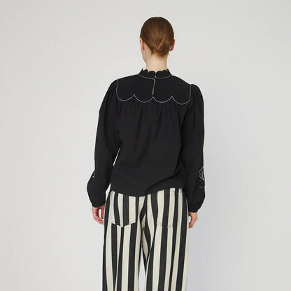 Moon And Star Embroidered Blouse - Black