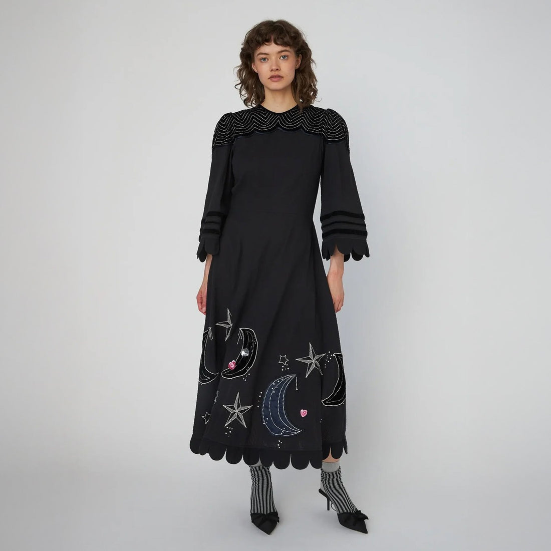 Moon And Star Embroidered Midi Dress - Black