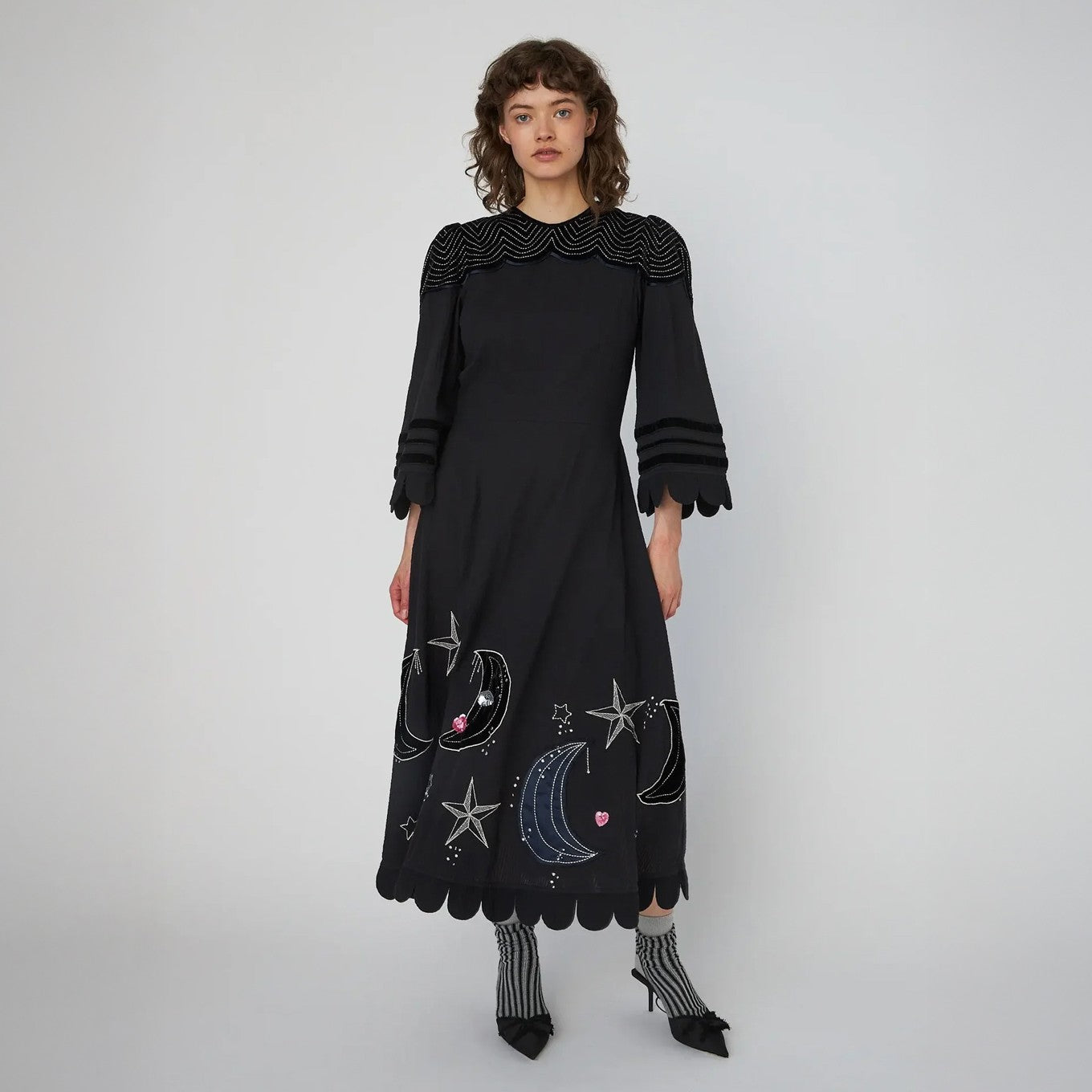 Moon And Star Embroidered Midi Dress - Black