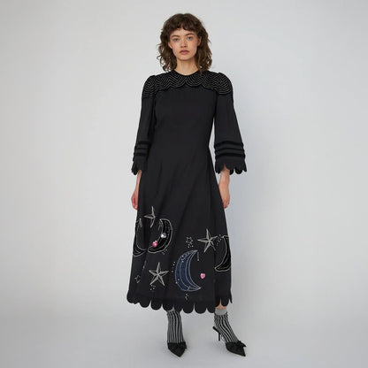 Moon And Star Embroidered Midi Dress - Black