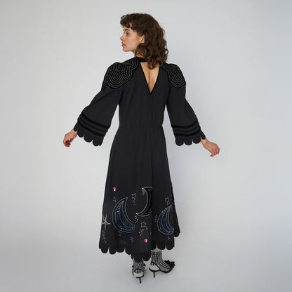 Moon And Star Embroidered Midi Dress - Black