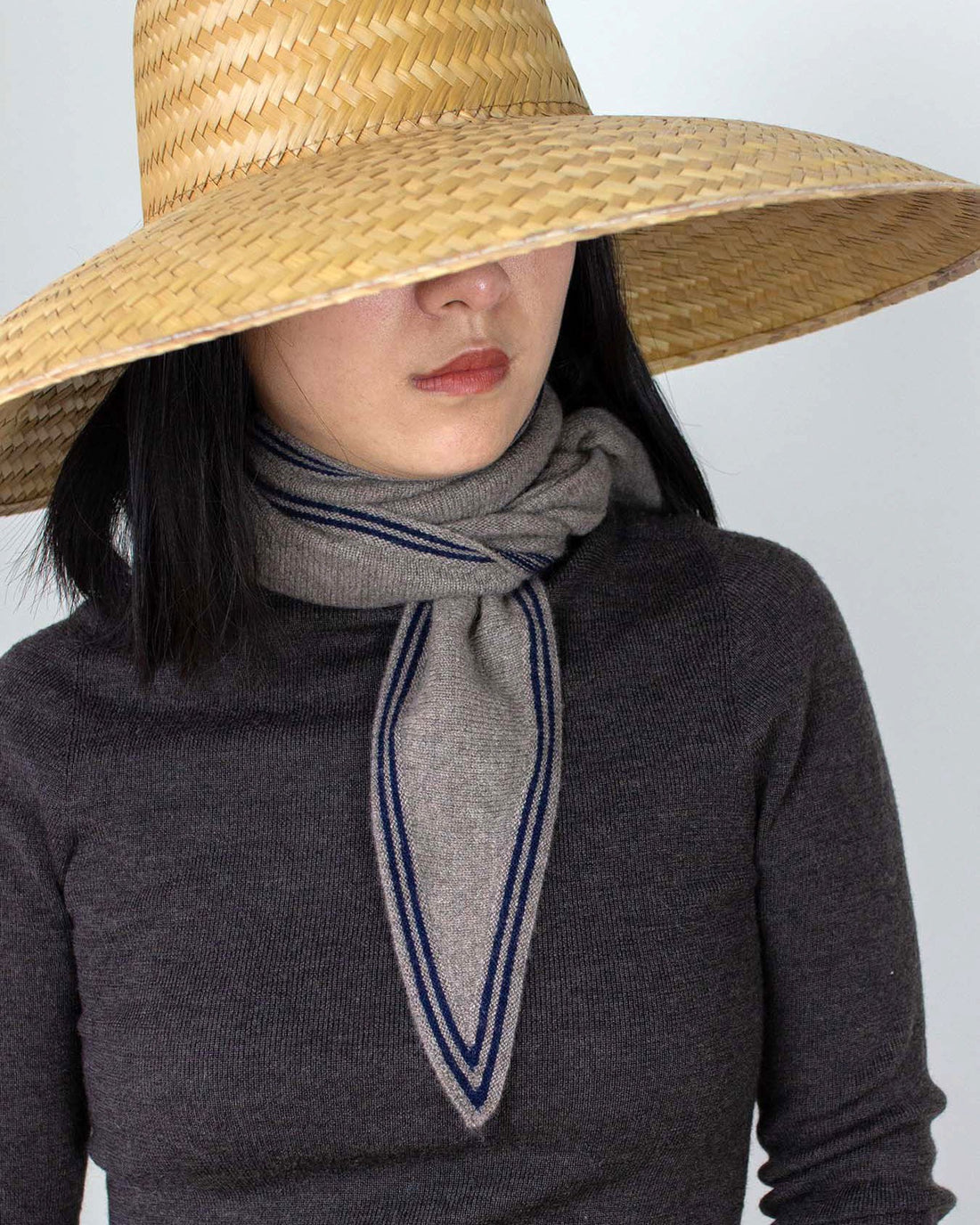 Navy Tipped Triangle Scarf - Tan