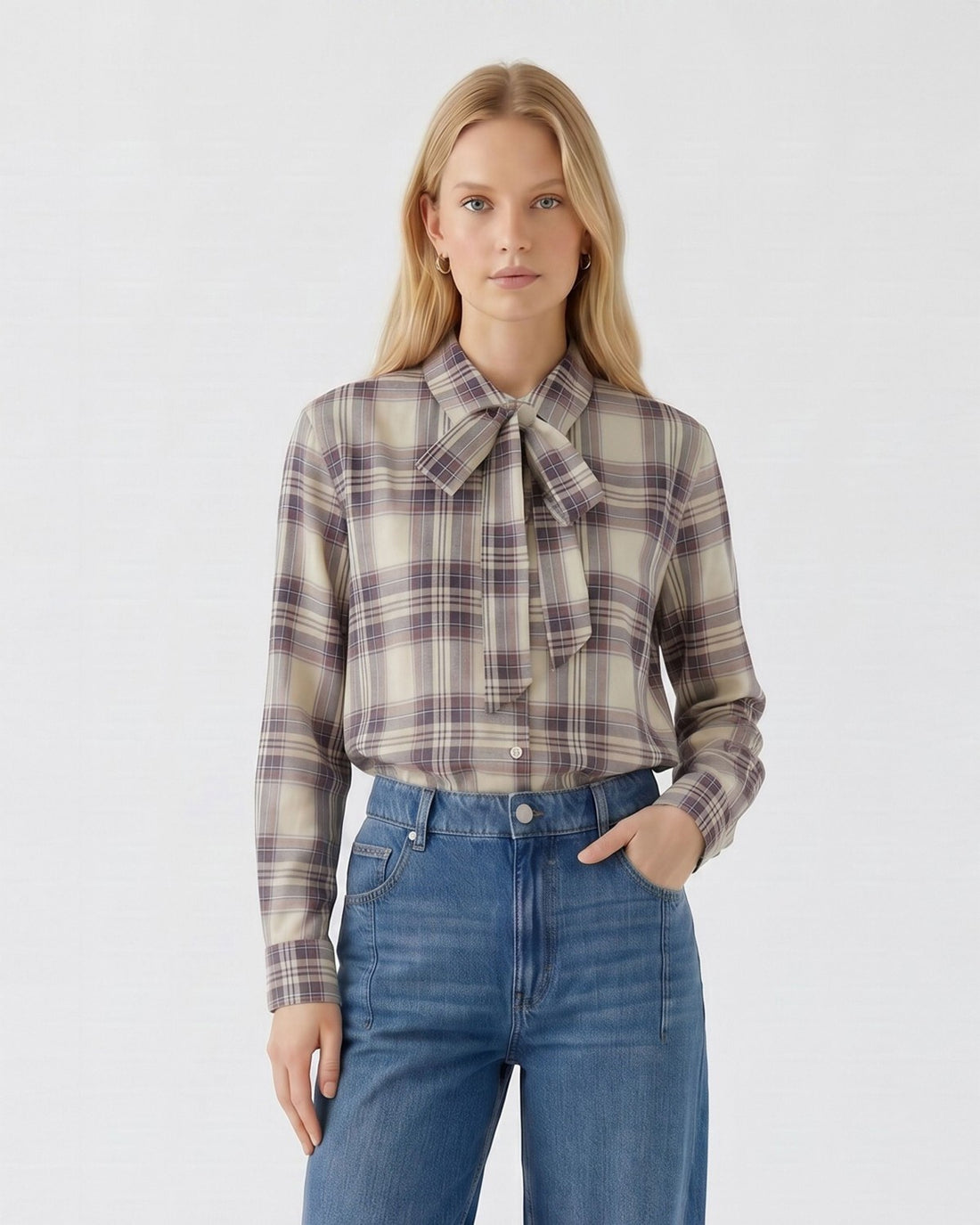 Tie Neck Check Shirt - Violet