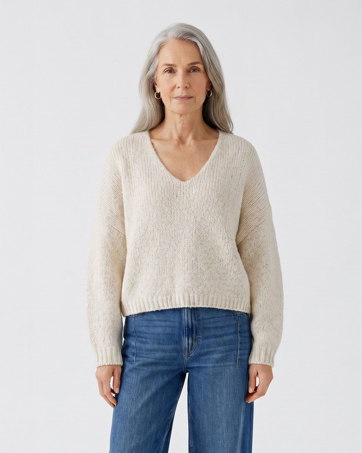 Tape Yarn V Neck Jumper - Beige