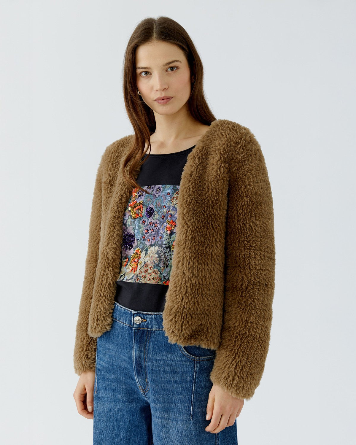 Fluffy Edge To Edge Jacket - Brown