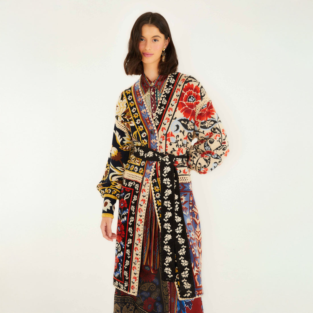 Patchwork Knit Midi Cardigan - Flower Print Patchwork