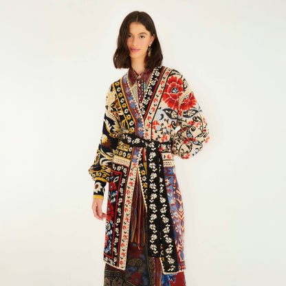 Patchwork Knit Midi Cardigan - Flower Print Patchwork