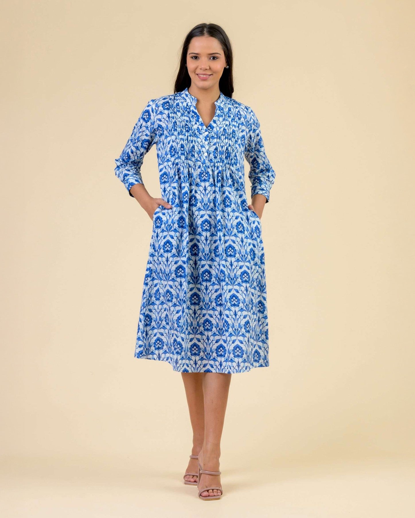 Phantom Long Sleeve Pleated Front Dress - Tasmin Blue