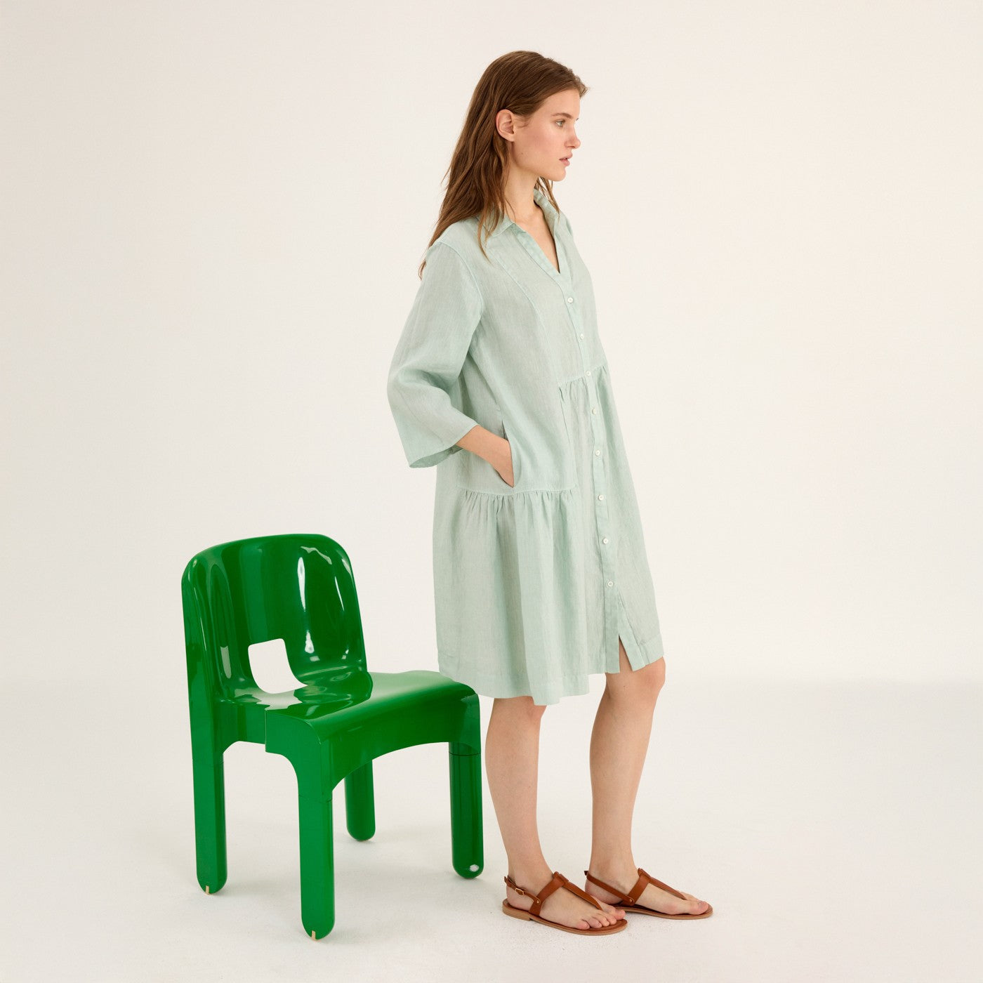 Plain Linen Ruffle Dress - Mint