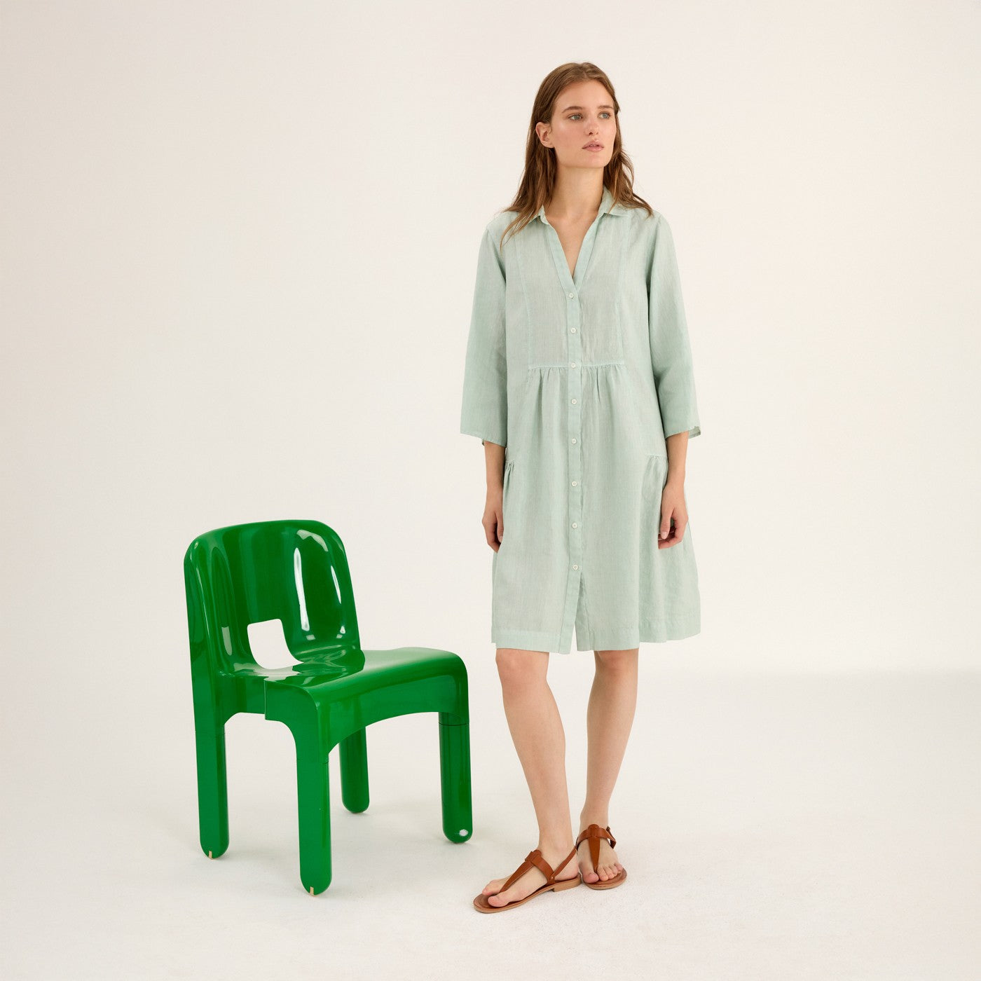 Plain Linen Ruffle Dress - Mint