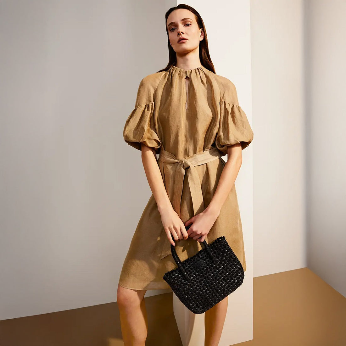 Pleated Puff Sleeve Dress - Cappuccino