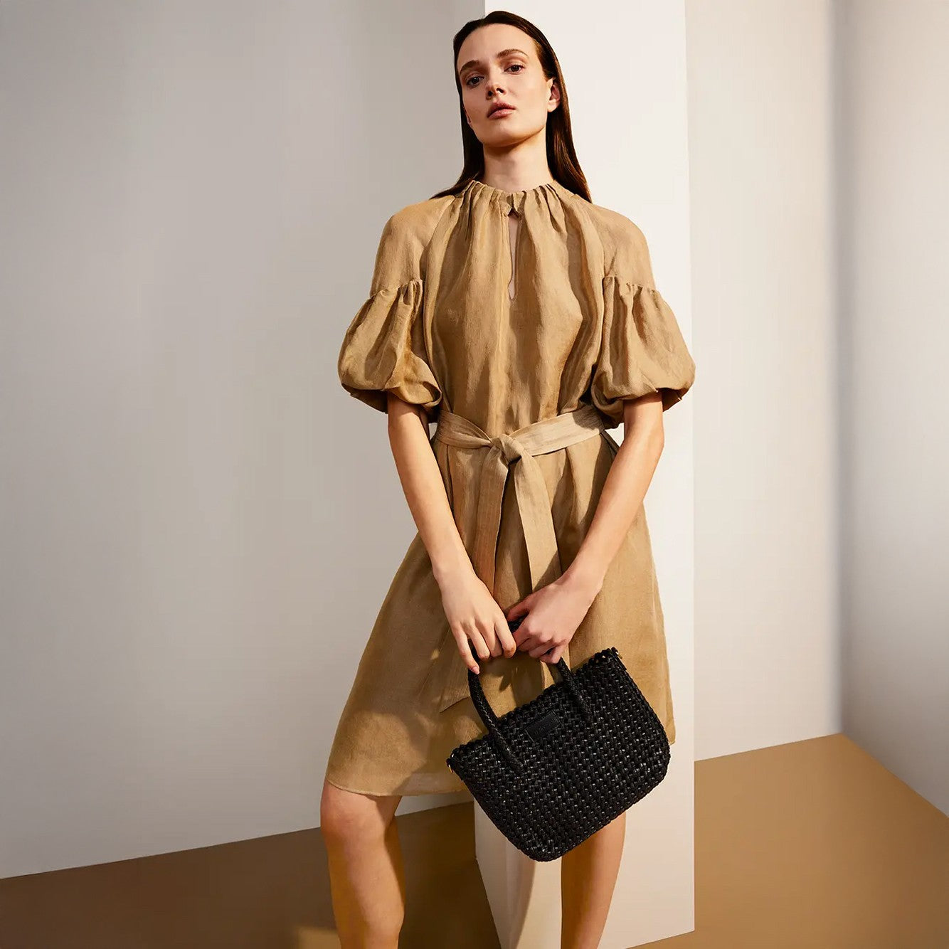 Pleated Puff Sleeve Dress - Cappuccino