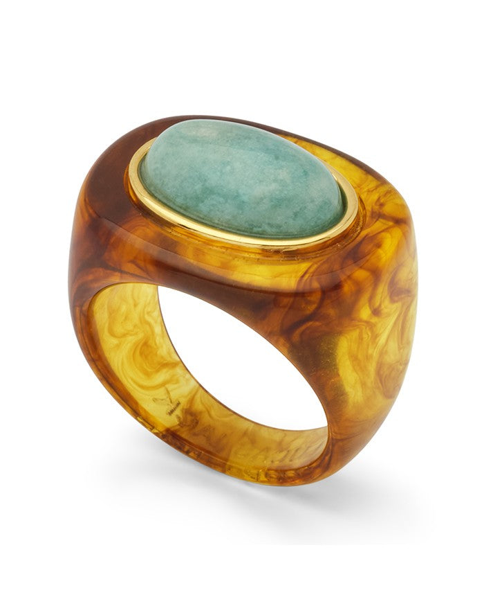 Oval Resin Ring In Tortoise Shell/ Amazonite - Tortoise Shell